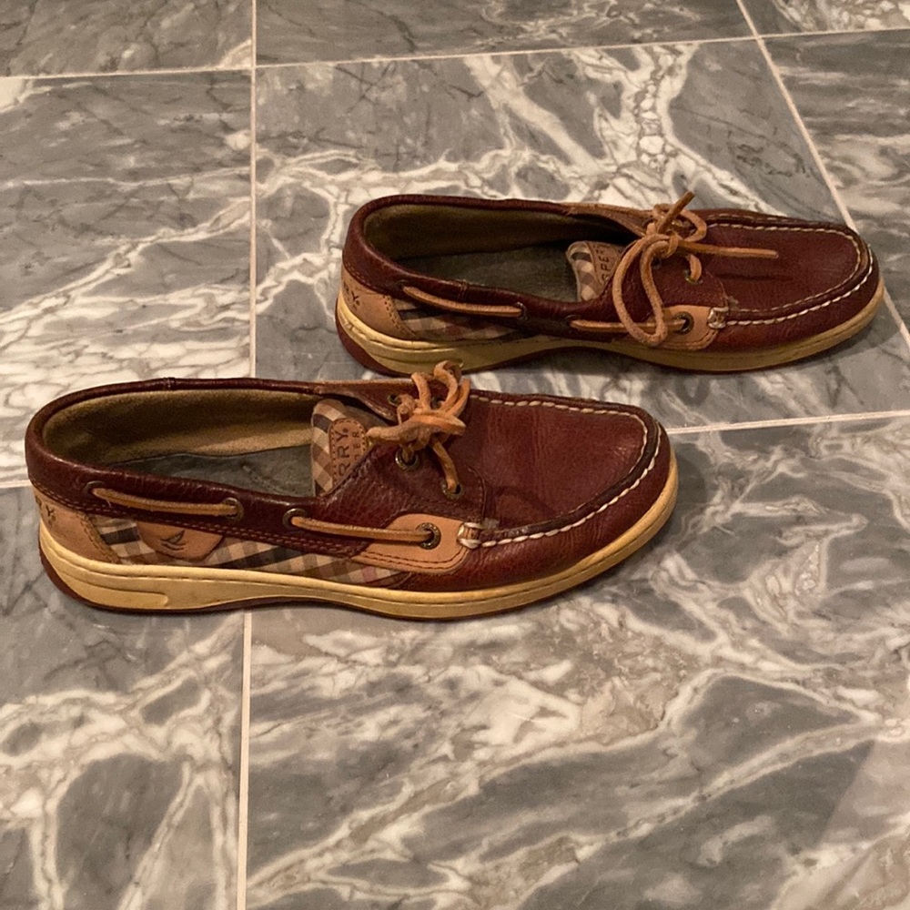 Sperry Topsider Brown Leather Non-Marking Boat Shoe with Plaid Sides